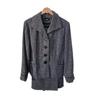Lindor Vintage Lined Gray Black Trim 2 Piece Jacket Skirt Suit Oversized Buttons